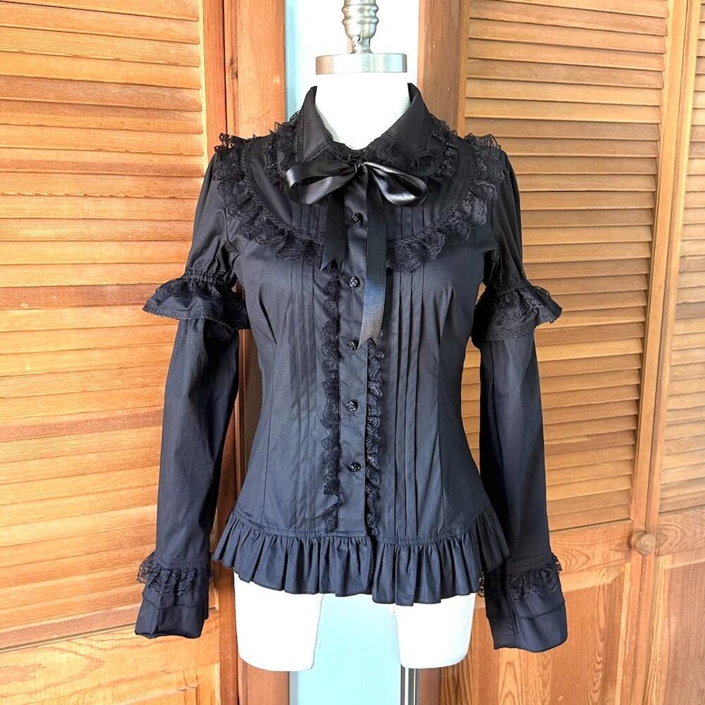 ACDC Rag Gothic Lolita EGL Aristocrat Black Bow Ruffle Transformer Shirt M